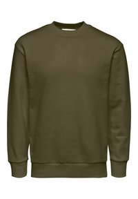 Olivově zelená mikina z hladké látky, s kulatým výstřihem, dlouhými rukávy a žebrovanými manžetami a lemem. Bez vzorů a log.