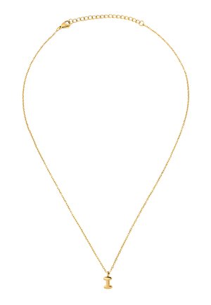 Delicata collana a catena d'oro con chiusura regolabile e piccolo pendente a forma di lettera "I" in oro al centro.