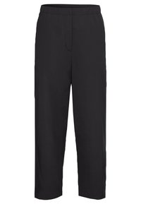 Schwarze, knielange Hosen aus leichtem Stoff mit elastischem Bund. Einfaches Design ohne sichtbare Muster oder Hardware.