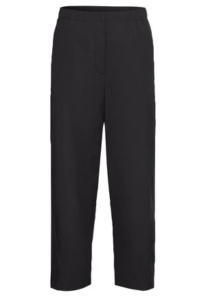 Pantaloni neri, lunghi fino al ginocchio, realizzati in tessuto leggero con vita elastica. Presentano un design semplice senza motivi visibili o accessori.