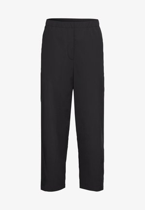 Pantaloni neri, lunghi fino al ginocchio, realizzati in tessuto leggero con vita elastica. Presentano un design semplice senza motivi visibili o accessori.