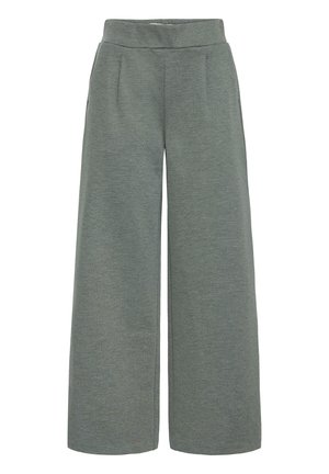 Pantalones de pierna ancha grises, confeccionados con una tela suave y texturizada. Presentan una cinturilla alta y pliegues en la parte delantera. Sin bolsillos; diseño limpio y sencillo.