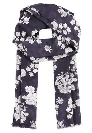 Dark blue scarf with white floral pattern, soft fabric, and frayed edges, loosely folded.