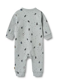 Grå bomuldsdragt til baby med lange ærmer, dekoreret med pingvin- og stjernemønster. Blød tekstur, ribbede manchetter og rund halsudskæring.