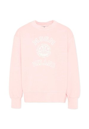 Jasnoróżowa bluza z okrągłym dekoltem i długimi rękawami, z prążkowanymi mankietami i dołem, oraz białym logo i emblematem MSGM Milano z przodu.