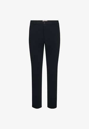 Mörkblå byxor i mjuk bomullsblandning med rak benform, framfickor och en knapp i midjan.