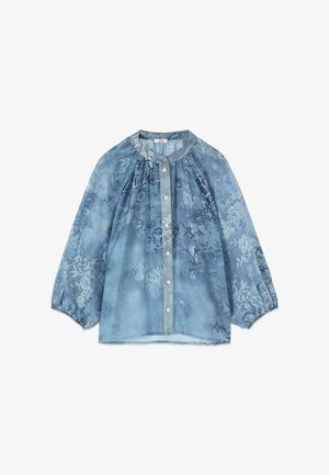 Lichtblauw blouse met lange mouwen en bloemenpatroon, ronde hals, knoopsluiting aan de voorkant en geplooide elastische manchetten.