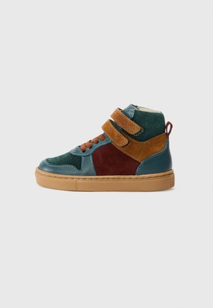 High-top sneakers in teal, burgundy, and brown suede and leather. Features double straps, round toe, and textured rubber sole.