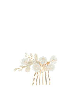 Haarkamm in goldfarbener Ausführung mit weißen Blumenakzenten und kleinen Perlendetails, mit einem geschwungenen Design und mehreren Zinken für einen sicheren Halt.