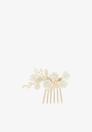 Haarkamm in goldfarbener Ausführung mit weißen Blumenakzenten und kleinen Perlendetails, mit einem geschwungenen Design und mehreren Zinken für einen sicheren Halt.