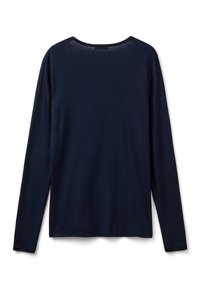 Granatowa koszula z długim rękawem wykonana z miękkiego materiału. Posiada okrągły dekolt i prosty krój. Gładka tekstura bez widocznych wzorów czy akcentów.