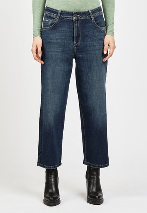 Dark blue denim wide-leg jeans with a mid-rise waist, five-pocket design, and subtle fading. Worn with black ankle boots.