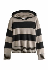 Sweat à capuche avec de larges rayures noires et beiges, poignets et ourlet côtelés. Fabriqué en matériau tricoté doux.