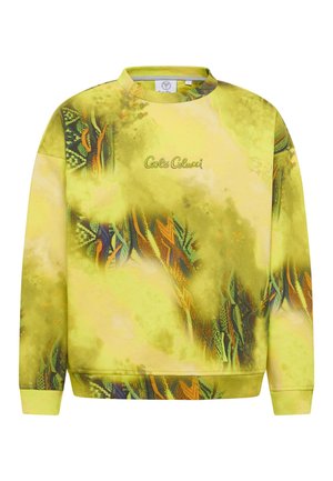 Geel sweatshirt met een levendig, abstract patroon en groene en oranje accenten. Gemaakt van zachte stof met ribgebreide boorden en onderrand.