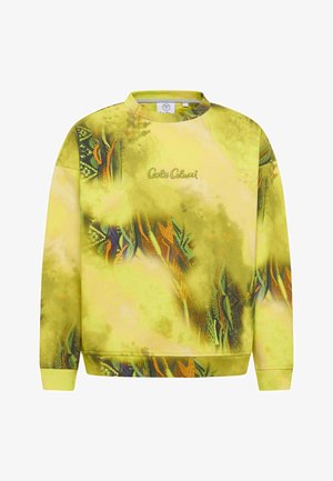 Yellow sweatshirt featuring a vibrant, abstract pattern with green and orange accents. Constructed from soft fabric with ribbed cuffs and hem.