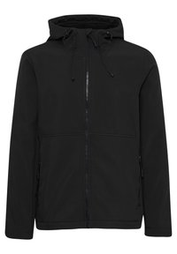 Veste noire zippée avec capuche, dotée de cordons de serrage réglables, de deux poches latérales et d'un tissu lisse et léger.