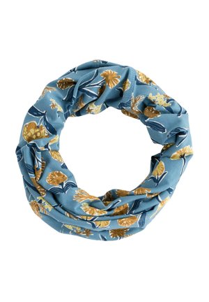 Blauer Stoff-Nackenschlauch mit gelbem und braunem Blumenmuster, das in einer kreisförmigen Form auf weißem Hintergrund angeordnet ist.