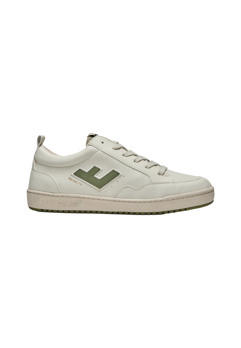 Basket en cuir blanc avec un accent logo vert, surface texturée et semelle en caoutchouc. Dispose d'un design à lacets et d'un collier rembourré.
