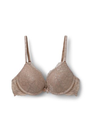Reggiseno in pizzo di un delicato color nude, con coppe leggermente sagomate, spalline regolabili e un piccolo fiocco al centro.