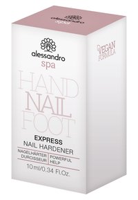 Emballage de durcisseur d'ongles en blanc avec des accents roses, mettant en avant le nom de la marque "alessandro spa", le titre du produit et une étiquette indiquant sa formule végétalienne.