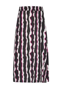 Een rok tot de knie met een zwart, wit en roze golvende streepjespatroon. Gemaakt van een gestructureerde stof, met een elastische tailleband.