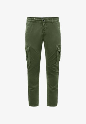 Zielone spodnie cargo wykonane z bawełnianego materiału, z bocznymi kieszeniami, prostym krojem nogawki oraz zapięciem na guzik w talii.