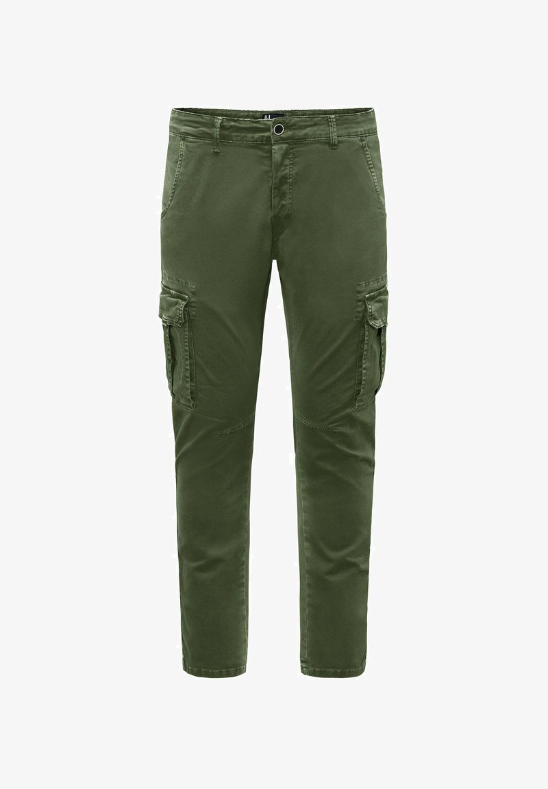 Groene cargobroek van katoen, met zijzakken, een rechte pasvorm en een knoopsluiting bij de taille.