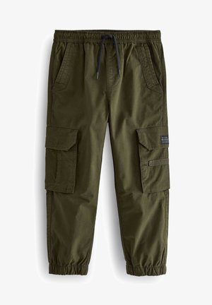 Pantaloni cargo verde măsliniu dintr-un amestec de bumbac, cu un bandou elastic și șnur pentru ajustare, buzunare laterale și două buzunare cargo pe coapse.