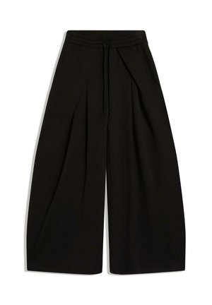 Széles szárú fekete nadrág rugalmas derékpánttal és húzózsinórral, elülső redőkkel és laza, kényelmes szabással.