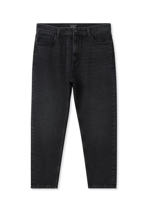 Jeans in denim nero con taglio dritto e sfumature sottili. Presentano cinque tasche e una chiusura con bottone di metallo. Design classico con una finitura leggermente testurizzata.