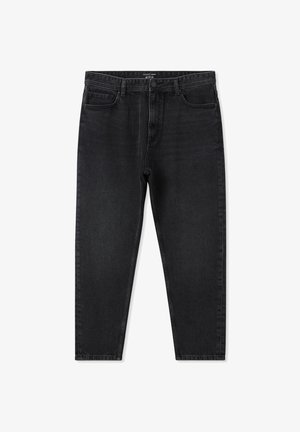 Jeans in denim nero con taglio dritto e sfumature sottili. Presentano cinque tasche e una chiusura con bottone di metallo. Design classico con una finitura leggermente testurizzata.