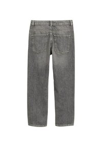 Vaqueros de mezclilla gris con corte recto, diseño de cinco bolsillos, costuras visibles y una textura ligeramente desgastada. Vista trasera mostrada.