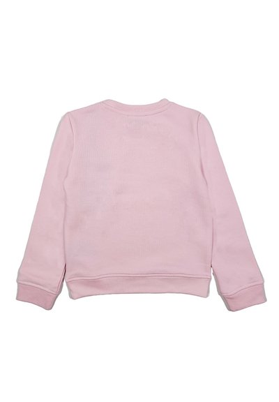 Felpa rosa con texture a costine, collo rotondo e maniche lunghe. Presenta un orlo e polsini aderenti, senza loghi o fantasie visibili.