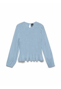 Šviesiai mėlyna ilgomis rankovėmis palaidinė su raukšlėtu tekstūriniu raštu ir peplumo apačia. Apvalus kaklo iškirpimas ir raktuotos formos atvartas nugaroje.