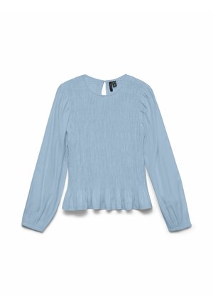 Jasnoniebieska bluzka z długim rękawem o marszczonej fakturze i baskinkowym wykończeniu. Posiada okrągły dekolt i otwór na plecach z zapięciem na guziki.