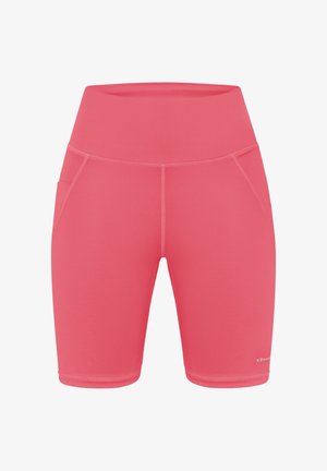 Shorts sportivi rosa aderenti realizzati in materiale elastico con vita alta e due tasche laterali. Texture liscia, design semplice.