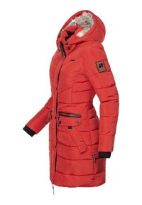 Red puffer jacket with a faux fur-lined hood, zippered pockets, and ribbed cuffs. Features a patch on the arm and quilted pattern detailing.
