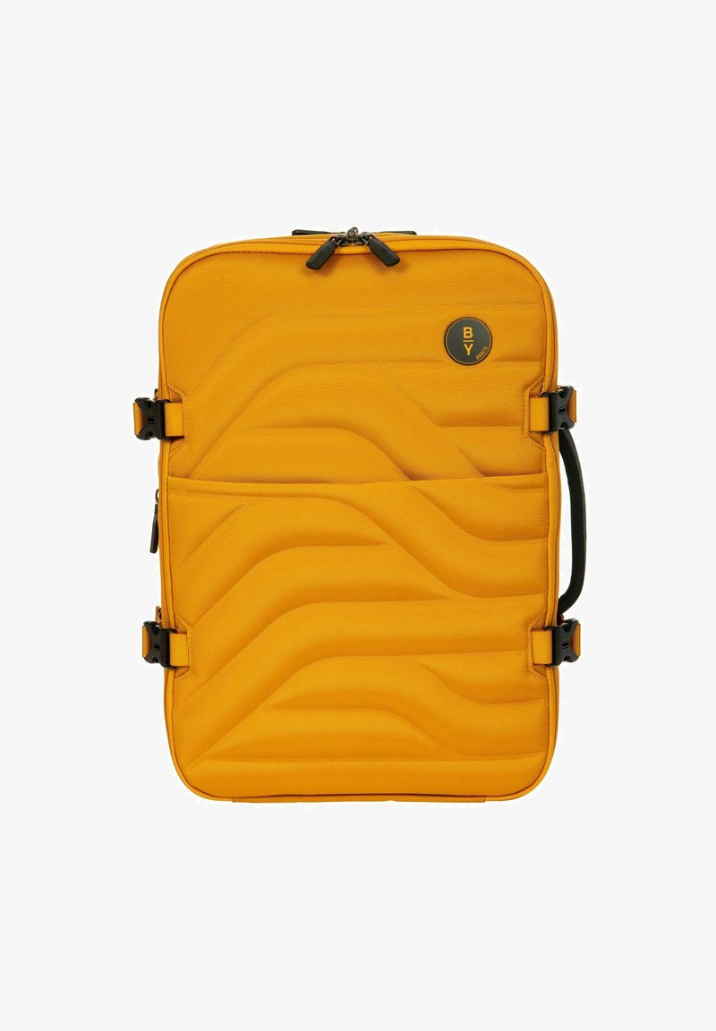 Zaino giallo con motivo, dal design imbottito, dotato di manico superiore, chiusure con zip e fibbie laterali per un fissaggio sicuro.
