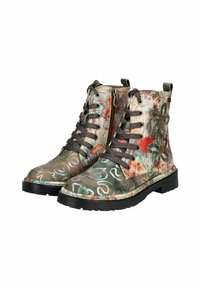 Multicolored ankle boots made of synthetic material, featuring a floral pattern, chunky black sole, and lace-up front with a side zipper.