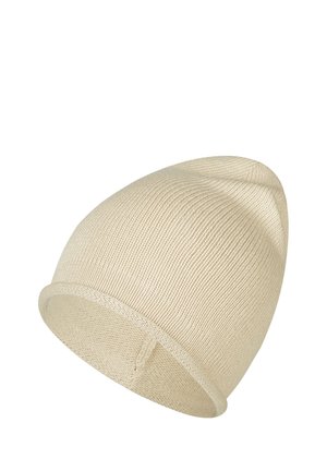 Cream-colored knitted beanie with a folded brim, shown against a white background.