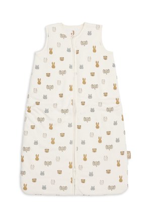Mouwloze witte babyslaapzak met ritssluiting aan de voorkant en kleine diergezichtjes zoals konijnen, beren, olifanten, nijlpaarden en uilen in zachte kleuren.