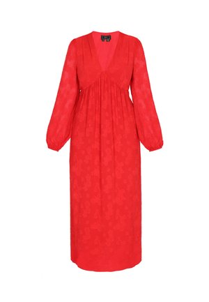 Rød, langærmet kjole i let stof, med V-hals, plisseret liv og blomstermønster hele vejen igennem. Midi-længde.