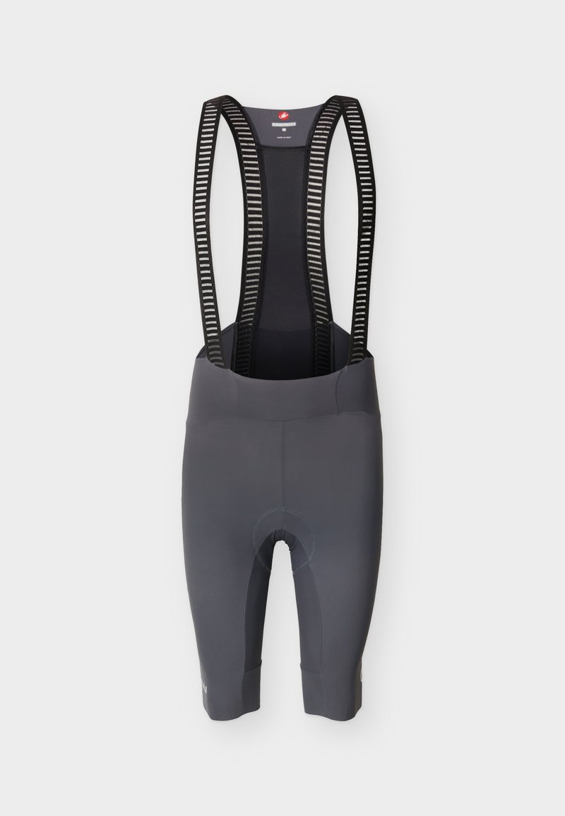 Cuissard de cyclisme gris avec bretelles en mesh noir ornées de rayures blanches horizontales, conçu pour un usage sportif.