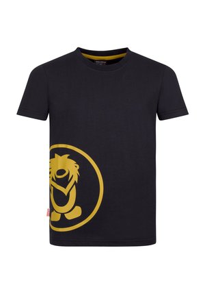 Black short-sleeve t-shirt with a large yellow cartoon lion graphic partially visible on the lower left side and a small Norwegian flag tag.