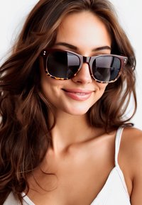 Occhiali da sole marrone tartarugato con lenti scure e dettagli decorativi sulle cerniere. Design della montatura audace e angolare. Texture liscia, materiale leggero.