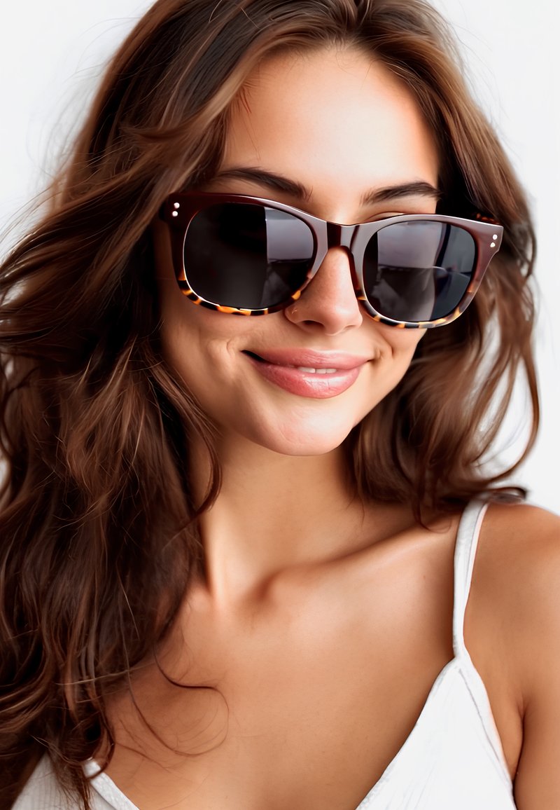 Occhiali da sole marrone tartarugato con lenti scure e dettagli decorativi sulle cerniere. Design della montatura audace e angolare. Texture liscia, materiale leggero.