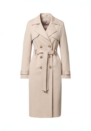 Beżowy dwurzędowy trencz z szerokimi klapami, paskiem w talii, zapinanymi na guziki mankietami oraz sięgającym do kolan brzegiem.