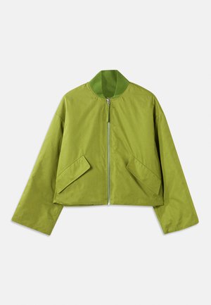 Grüne kurze Bomberjacke mit Stehkragen, Frontreißverschluss und zwei schrägen Seitentaschen; glattes, mattes Finish-Material.