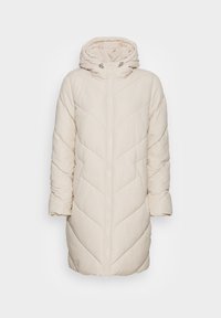 Cream-colored long padded winter coat with hood, front zipper, and chevron quilted pattern.
