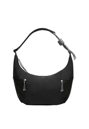 Schwarze Schultertasche mit zwei seitlichen Mesh-Reißverschlusstaschen und einem breiten Riemen mit grauem Kordel-Detail, das zu einem Knoten gebunden ist.